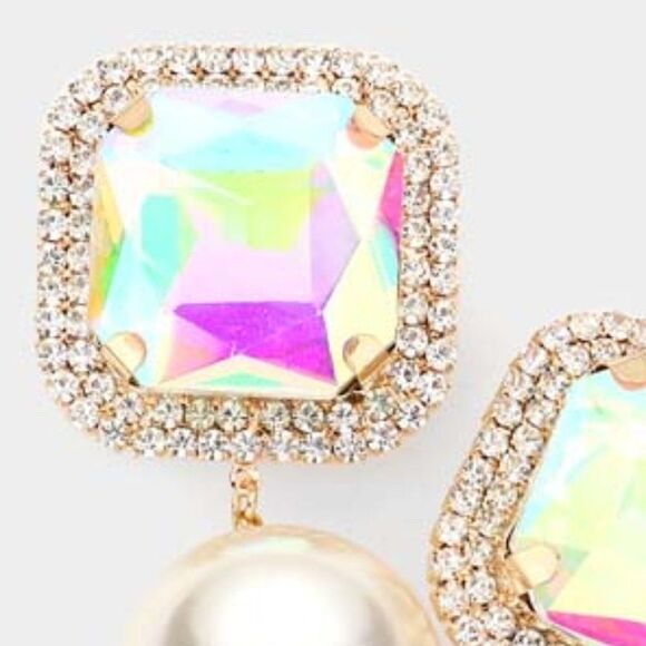 Square Aurora Borealis Stone Pearl Gold Clip on Earrings Big & BOLD - Picture 3 of 6